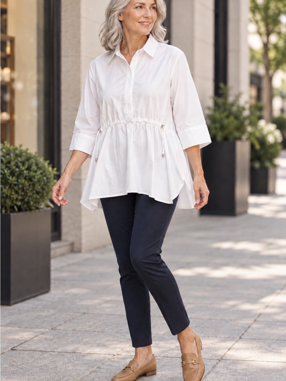 White Poplin Drawstring Tunic Top